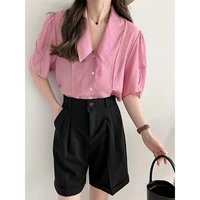2022 summer short sleeve french retro puff sleeve womens thin polo collar loose simple shirt