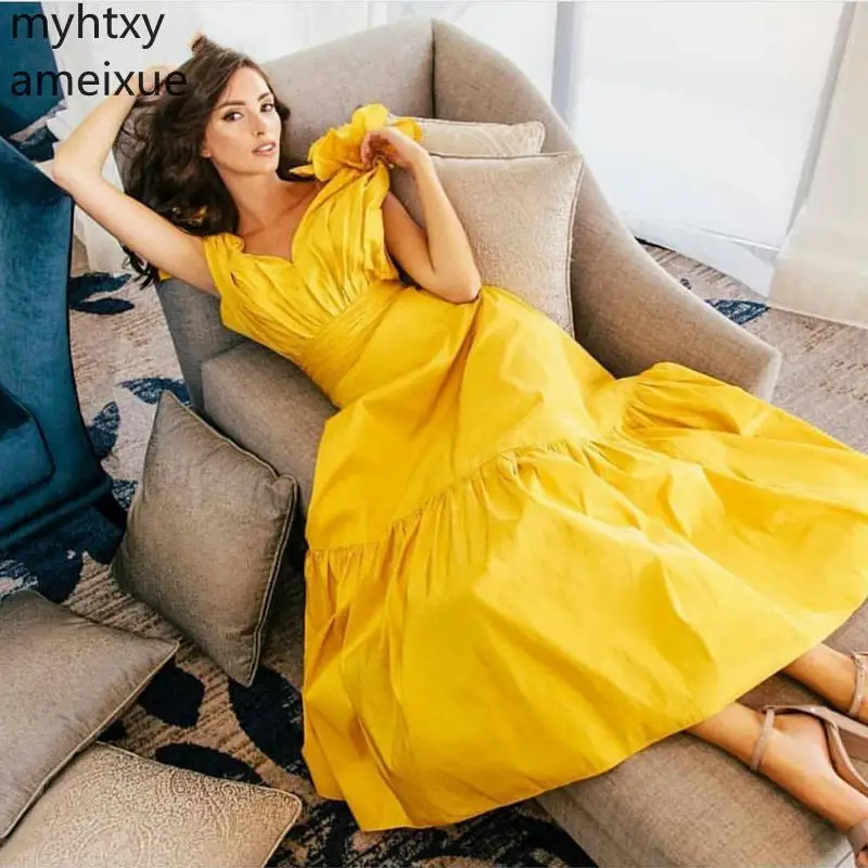 

party dress Hot Arrival Yellow Sweetheart Evening Dress Short V Neck Taffeta Arabic Gowns Vestido Formal Mujer Robe De Soiree