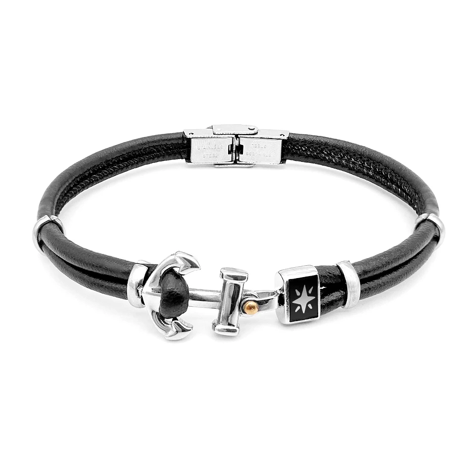 

Runda Men's Bracelet Black Chain with Nautical Anchor Stainless Steel Adjustable Size 22cm Genuine Leather Bracelet for Men