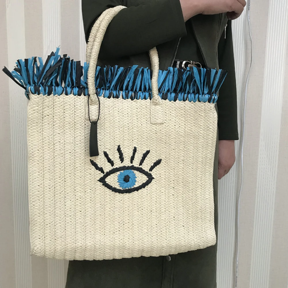 Luxury Eyes Embroidery Women Shoulder Bags Bohemian Tassel Straw Bags for Women Handbag Bali Travel Beach Bag 2022 Lafite Tote