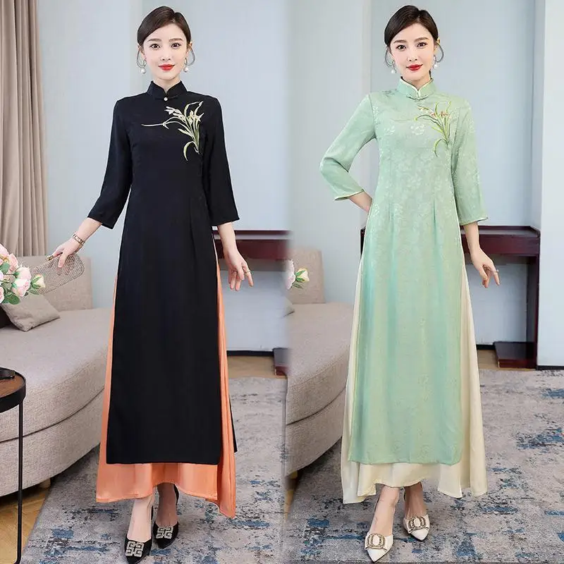 

Women Ao Dai Improved Cheongsam Long Dress Chinese Style Mandarin Collar Slim Qipao Elegant Prom Anquet Gown Vestido M-4xl