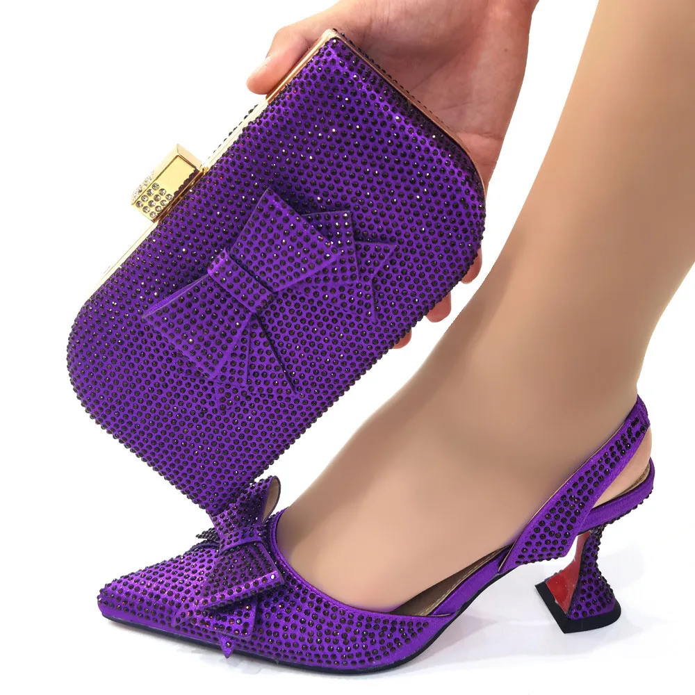 

2022 Fashion Elegant Purple Color Beautifully Matched With Rhinestones & Large Pearls Ladies Shoes And Bag Set For Party