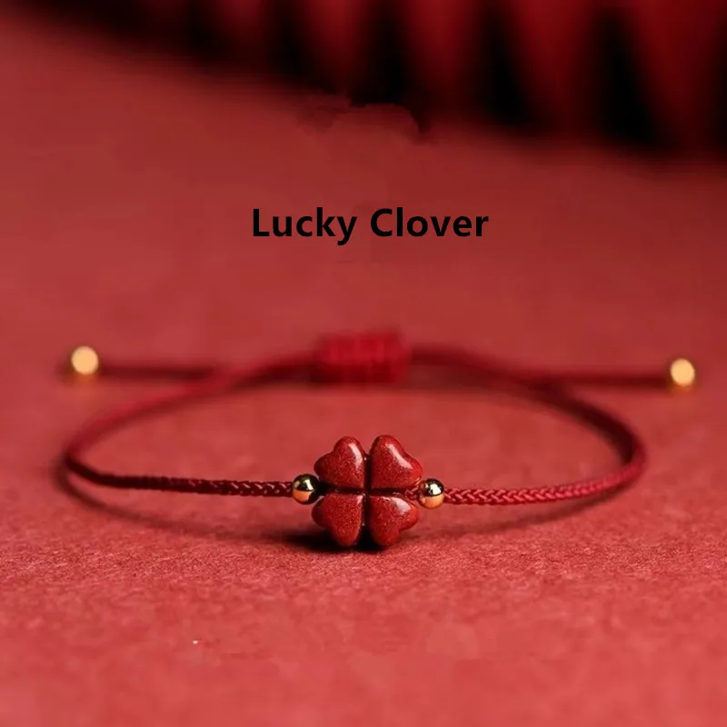 Natural Purple Cinnabar Lucky Clover Handmade Red Rope Lucky Bangle Women Men Lucky Bracelet Size Adjust Drop Shipping