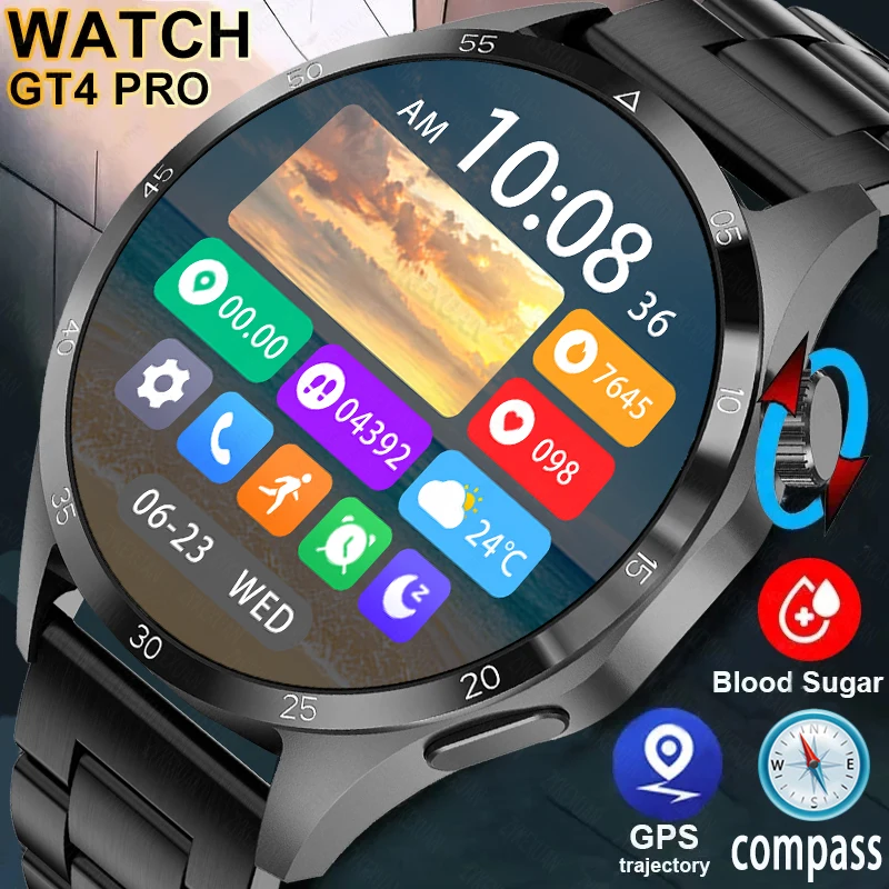 

Умные часы для Huawei GT4 Pro, мужские умные часы с GPS-трекером, HD-экран 360*360, с измерением уровня сахара в крови, новинка 2023, часы с Bluetooth 4 Pro