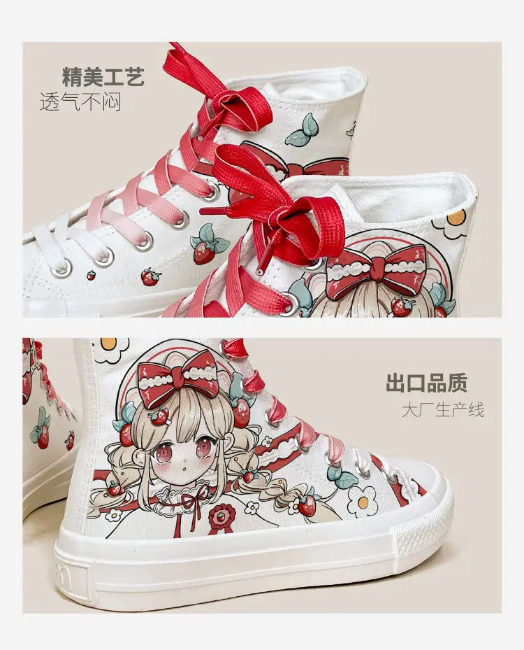 Cartoon Strawberry Girl Canvas Sneakers Women's Laced Up High Tops School Student Vulcanized Shoes Woman Printed Sneaker Tenis