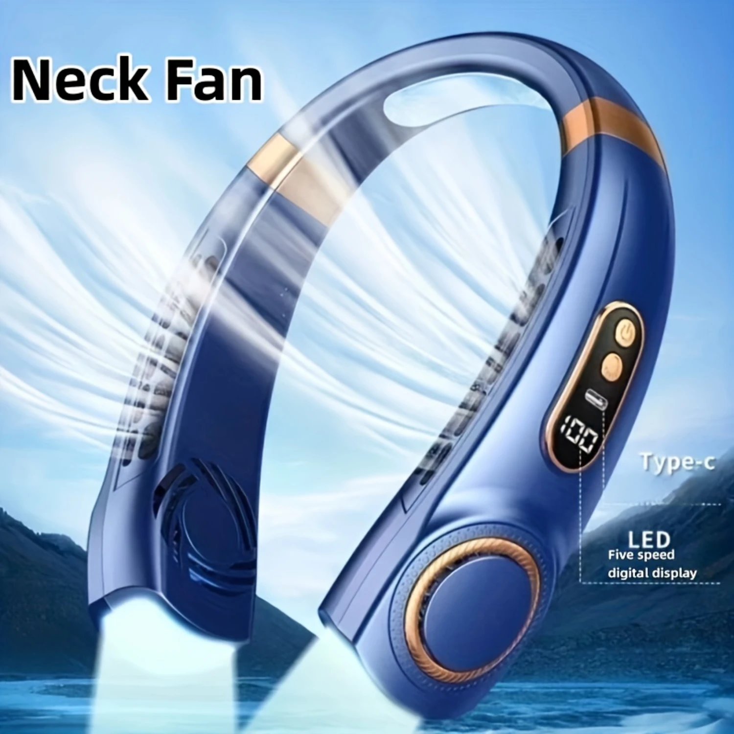 1pc Portable Neck Fan With 5-Speed Adjustable Bladeless Hanging Design USB Rechargeable LED Digital Display Quiet Operat