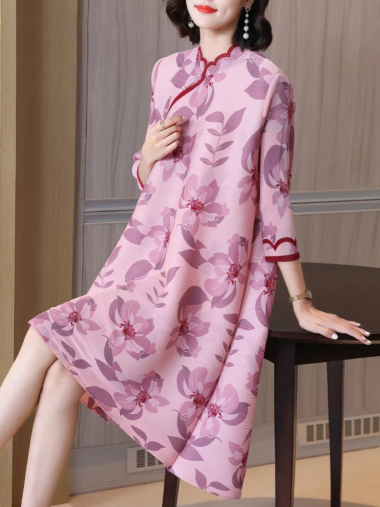 

Womens Floral Print Pleated Plus Size Dress 2022 Autumn And Winter