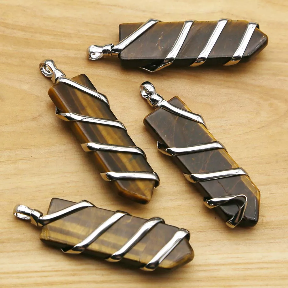 

Natural Tiger's Eye Stone Hand Wound Silver Thread Necklace Pendant Mineral Healing Fine Jewelry Gift Accessories Wholesale 4Pcs