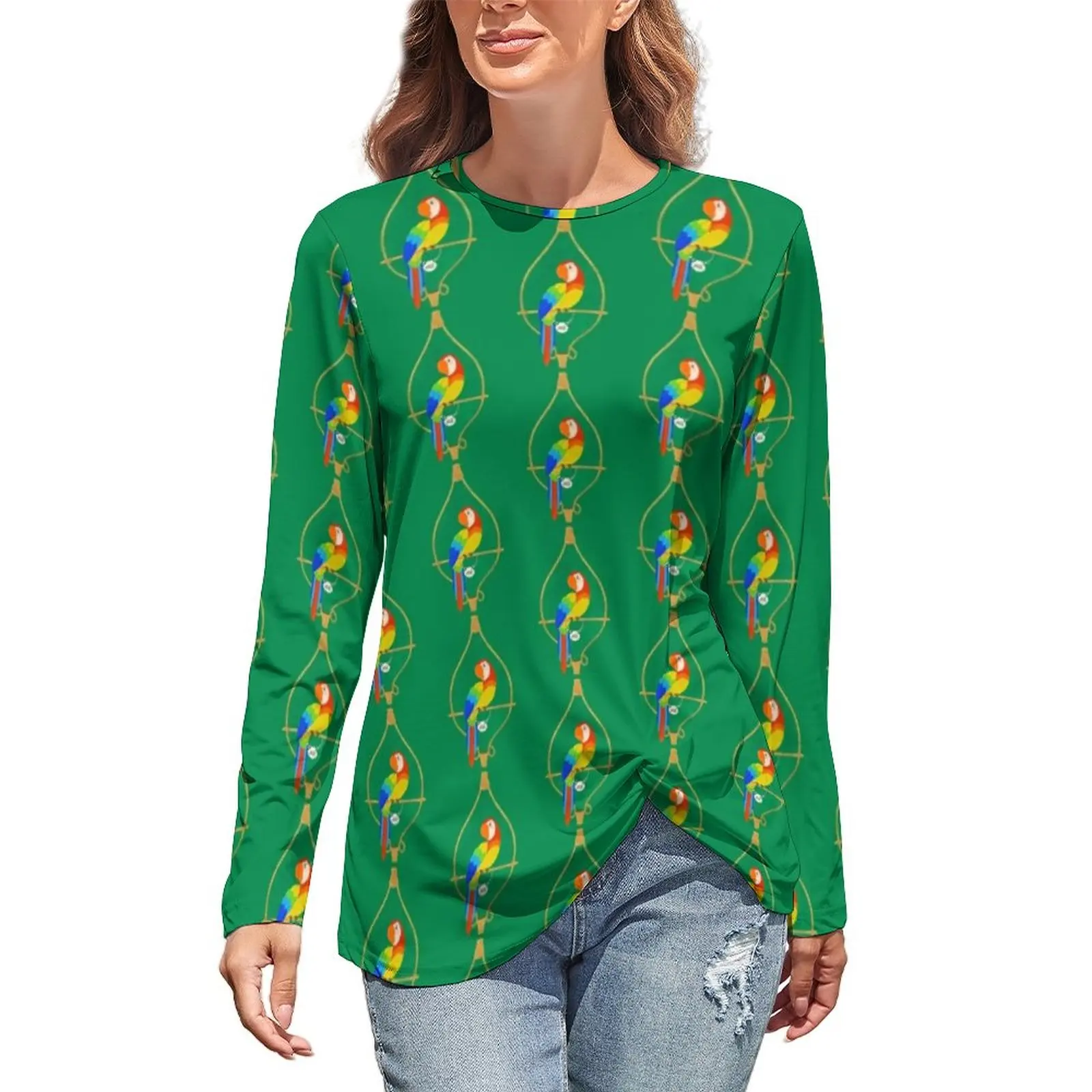 

Cute Parrot T-Shirts Colorful Animal Print Korean Fashion Long Sleeve T Shirt Retro Printed Tees Women Clothing Big Size 4XL 5XL