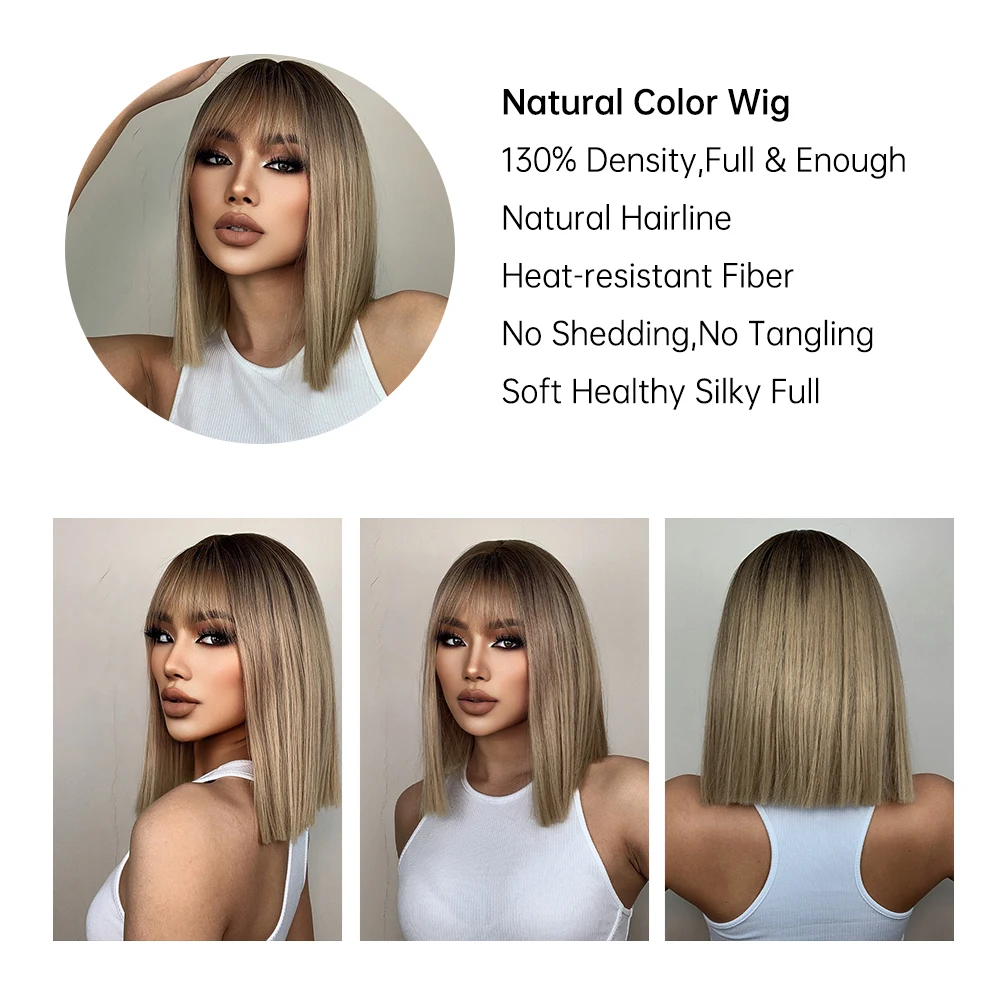 GEMMA Short Straight Mixed Brown Blonde Synthetic Wigs with Bangs for Women Daily Party Bob Hair Wig High Tempearture Fiber