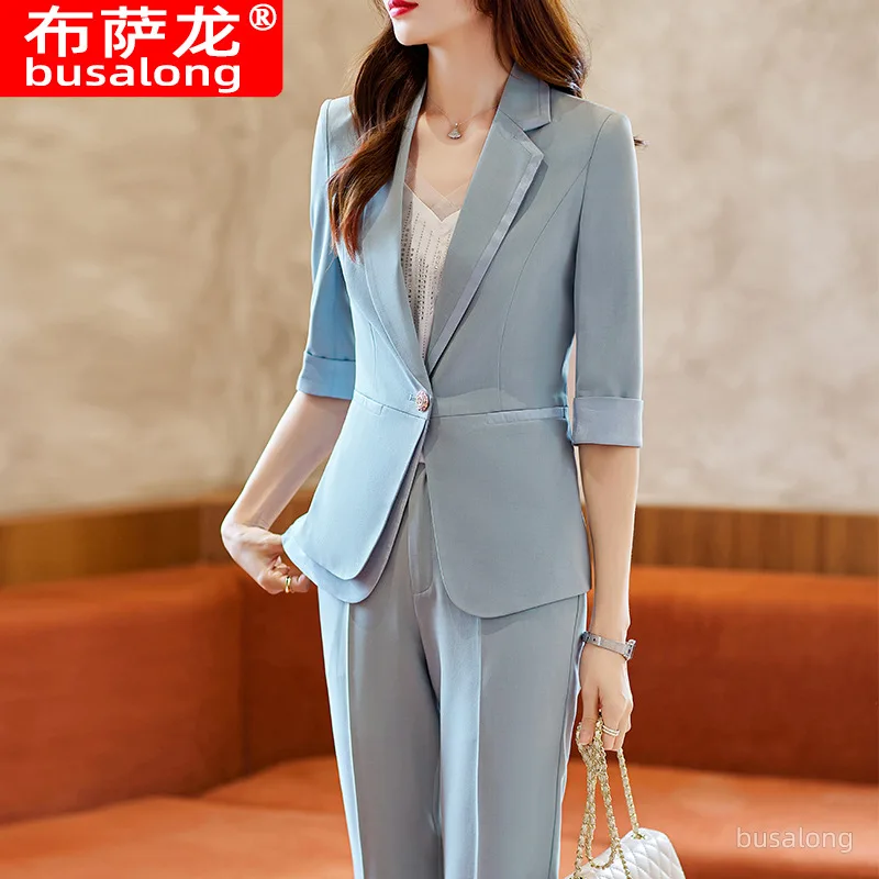 

Professional Small Suit Coat for Women 2023 Spring and Summer New Fashion 3/4 Sleeves Short Blue Small Leggings Suit