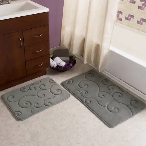 

of 2 Bathroom Rugs – Non-Slip Memory Foam Bath Mats, Gray