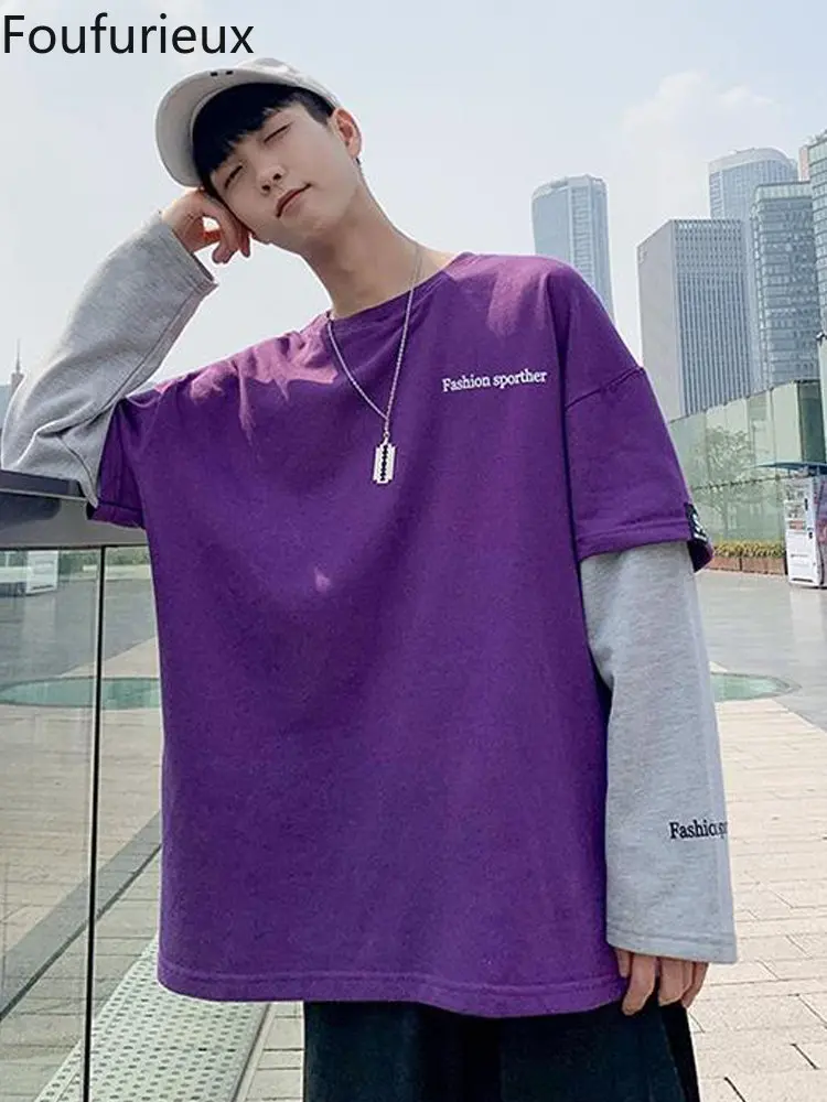 

Фуфузер в стиле хип-хоп, Корейская версия, футболка с имитацией двух частей, свободная одежда для подростков с длинным рукавом, популярный ц...