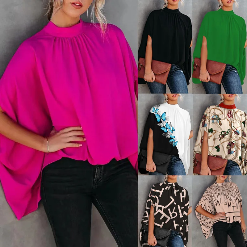

Casual Loose Women's Blouse Fashion Summer Office Lady Shirt Tops Batwing Sleeve Plicated Detail Top