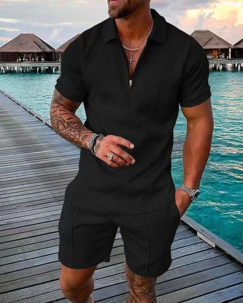 

2023 New Men's Suit 3D Color Stitcin Print Summer Sort Sleeve Polo Sirt Sorts Suit Fasion Zipper Polo Sirt Two Piece Set