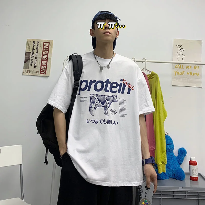 

Hybskr Protein Cartoon Graphic Kawaii Men Tshirt Summer Short Sleeve Oversize Man T Shirt Japanese Harajuku Men's Clothing