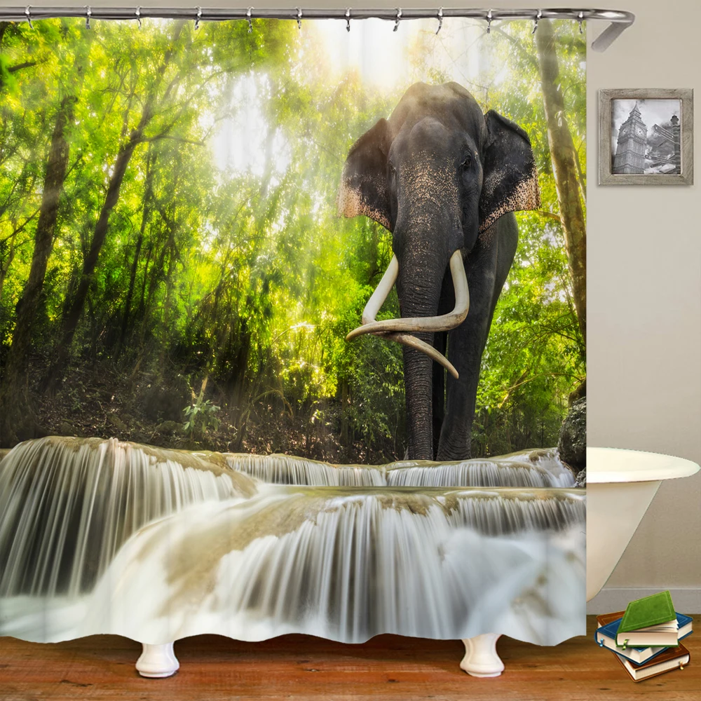 

Tropical Green Jungle Shower Curtain Waterfall Forest Natural Bushes Floral Mossy Cloth Bathroom Decor Waterproof Bath Curtains