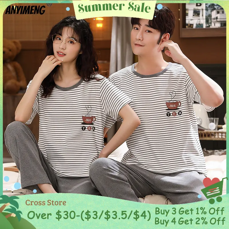 New Sleepwear Couple Men and Women Matching Home Suits Cotton Pjs Chic Cartoon Printing Leisure Nightwear Pajamas for Summer