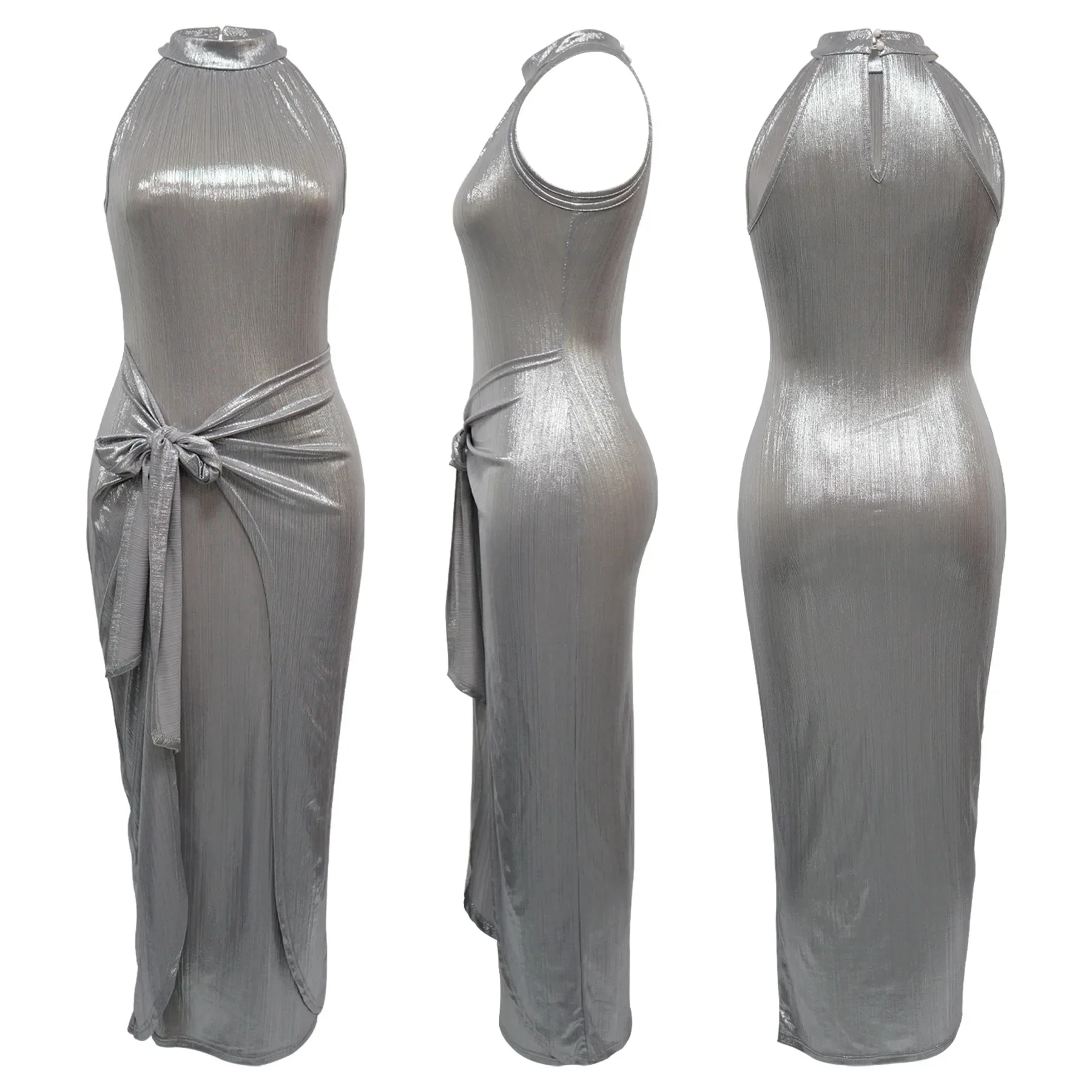 Серебряное блестящее бандажное длинное платье сексуальные женские вечерние