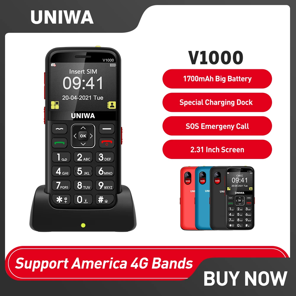 UNIWA V1000 4G Feature Mobile Phone Big Button  2.31 inch Russian Hebrew English Keyboard Cellphone FM 0.3MP Camera