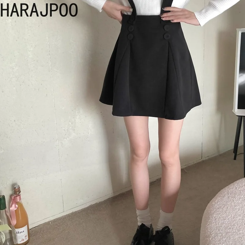 

Dresses Harajpoo Woman Simplee Black Woolen Suspender Inner Wear Thin Zipper Button Decoration Harajuku Dress Above Knee Strap