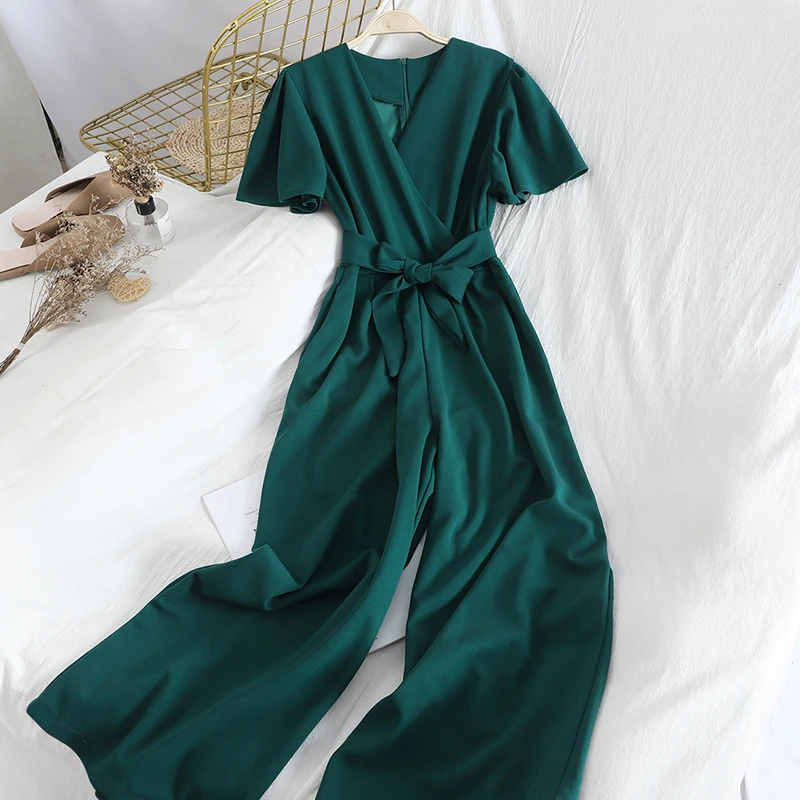 

Woherb Summer Casual Short Sleeve Jumpsuit Women Sashes Loose Wide Leg Playsuit Ladies Overalls Party Club Fashion Jumpsuits2022