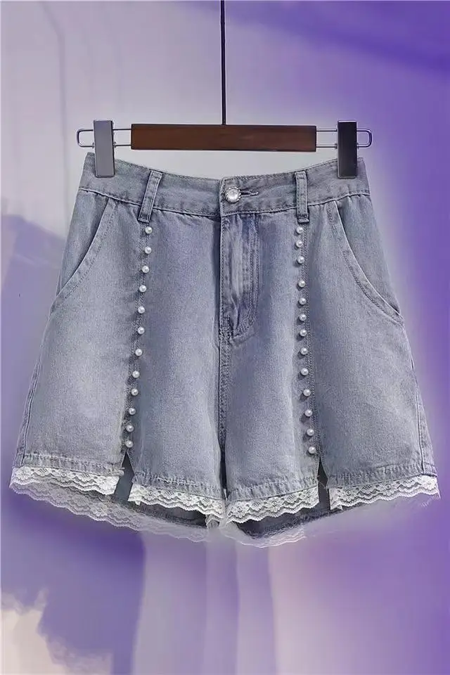 New Casual High Waist Denim Shorts Women Summer Pocket Tassel Pearl Jeans Female Femme Short Pants N56