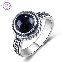 9mm round natural blue sandstone moonstones rings womens silver jewelry ring vintage style fine jewelry
