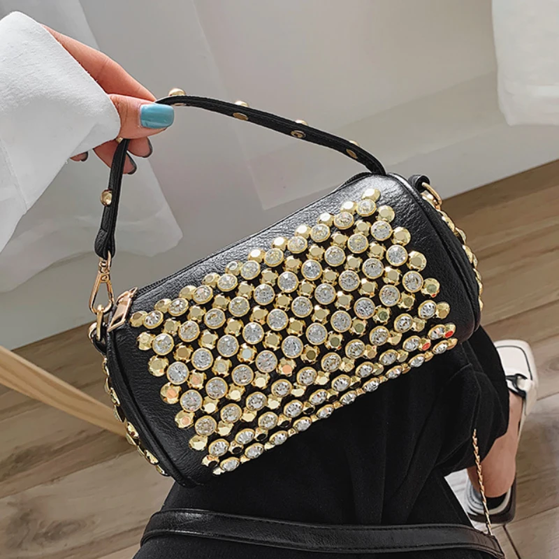 

Rivet Diamonds Women's Shoulder Bag 2023 Trend Chain Party Cute Crossbody Bag Fashion Leather Barrel-shaped Small Handbag Ladies