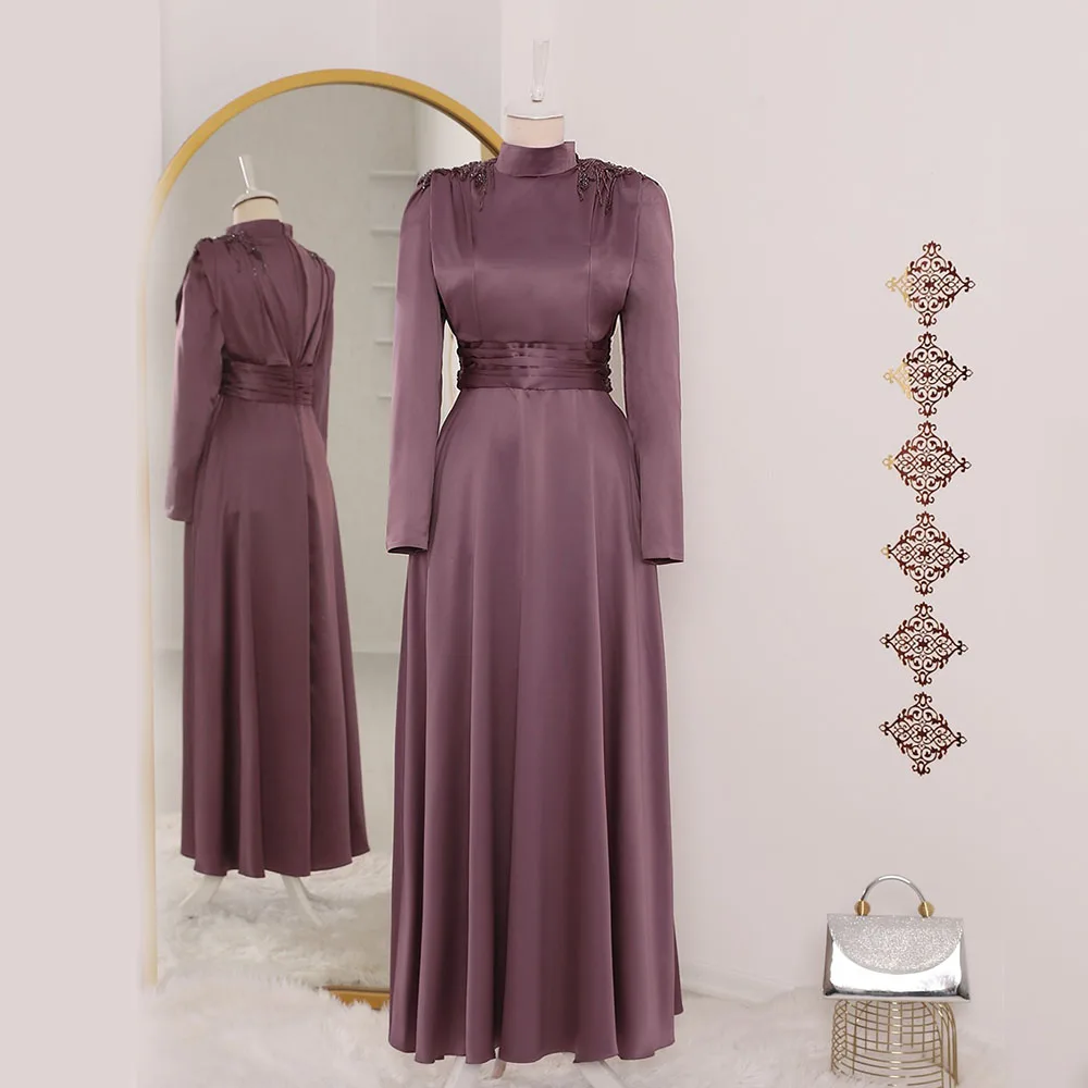 Женское вечернее платье с высоким воротом Фиолетовое Атласное ТРАПЕЦИЕВИДНОЕ