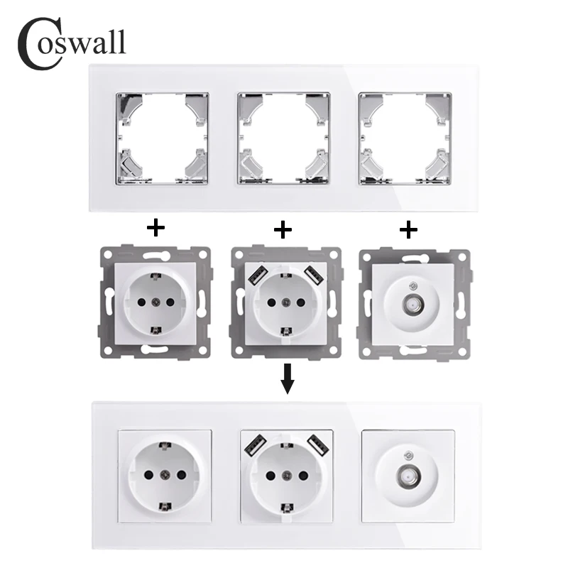 Настенный выключатель света с белой стеклянной панелью COSWALL серии D1 розетка