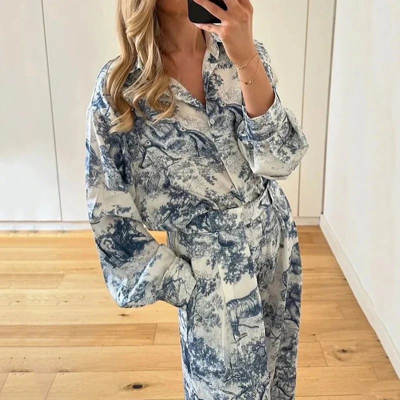 Новый осенний модный тренд рубашка с длинными рукавами и принтом комплект прямых