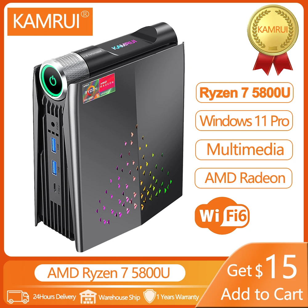Мини-ПК KAMRUI AMR5 для геймеров AMD Ryzen 7 5800U Windows 11 Pro 16 Гб DDR4 512 ГБ NVME SSD WIFI6 BT5.2 HDMI Настольный игровой компьютер