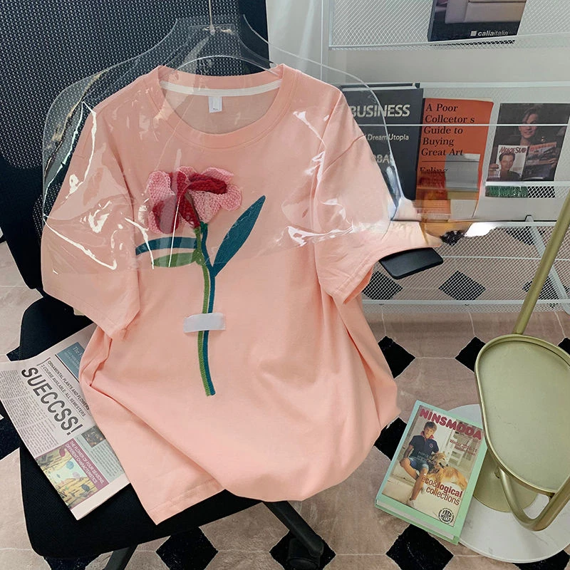 

Новинка лета 2022, модная розовая футболка с коротким рукавом и вышивкой, женские пикантные легкие Роскошные Топы в европейском и американско...