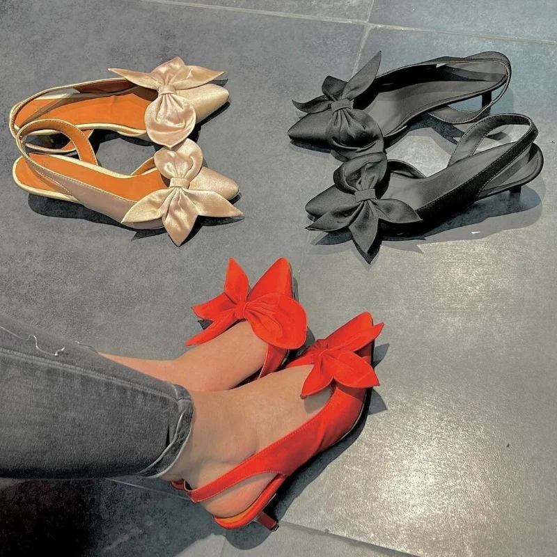 

Новые летние сандалии Baotou с бантом, однотонные остроносые женские туфли на среднем каблуке, элегантные женские туфли-лодочки на шпильке