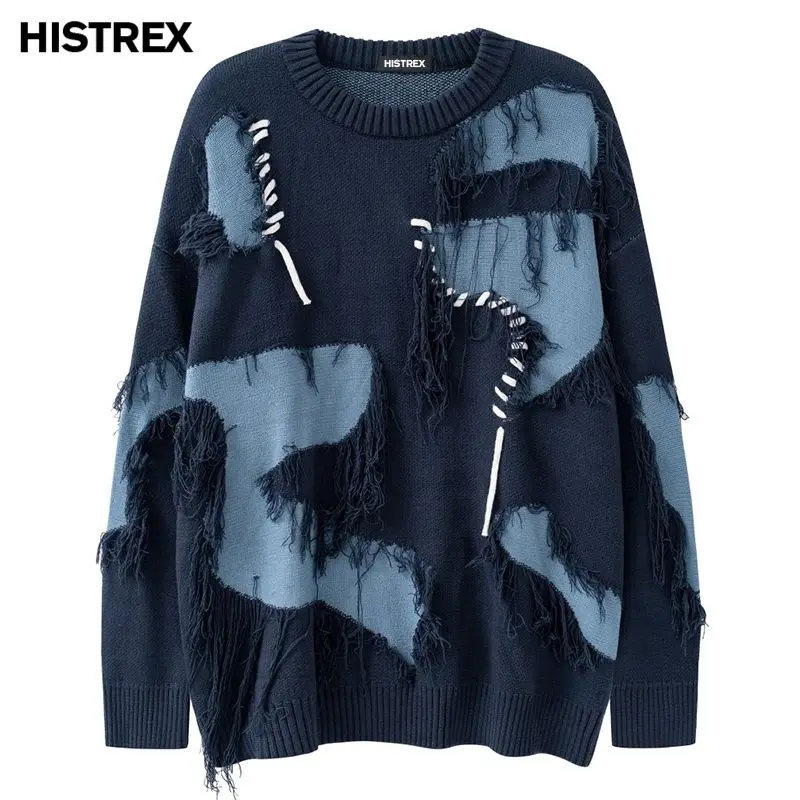 

Рваный мужской свитер, осенне-весенние вязаные джемперы в стиле хип-хоп, пуловер Harajuku, винтажная мужская одежда большого размера, дрянная одежда Y2k, трикотаж