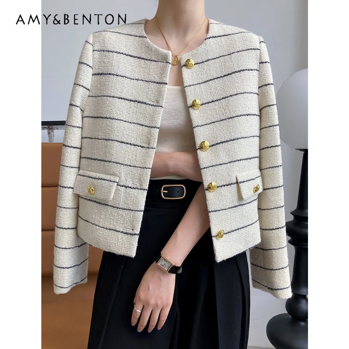 

Женское твидовое короткое пальто в полоску, элегантная Свободная куртка с длинным рукавом и круглым вырезом, одежда для социалитов на осень и зиму