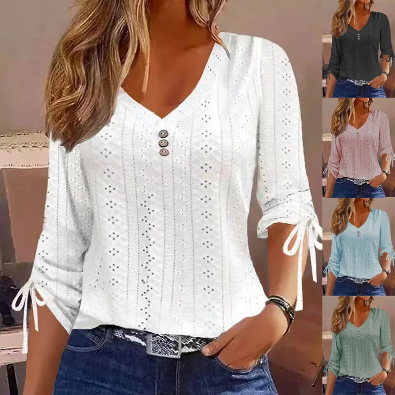 

2023 Women's Fashion Autumn and Winter Y2k Elegant Bottom Shirt V Neck Casual Loose Solid Color Buttons Long-sleeved T-shirt Top