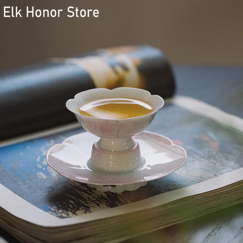 

Pure Hand-painted Peach Powder Lotus Sunflower Mouth Tea Cup Household Ceramic Master Cup Single High Foot Tea Cup With Coaster
