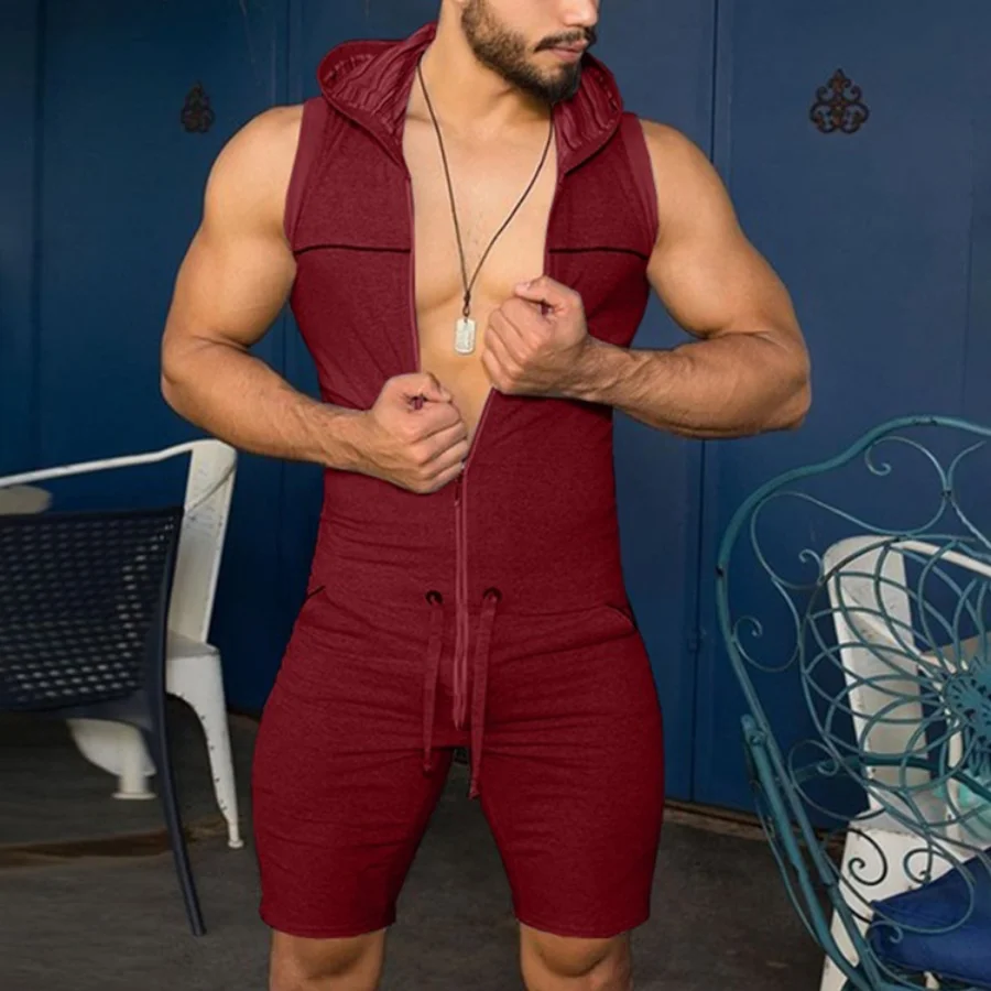 New 2023Men´s One Piece Tight Fitness Jumpsuit Zipper Sleeveless Hooded Rompers with Pockets Male Fashion Rompers Pajamas Sets