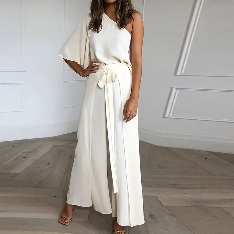 Summer Casual One Shoulder Short Sleeve Playsuit Women Elegant Rompers Jumpsuit Female Loose Clubwear Lace Up Wide Leg Bodysuit