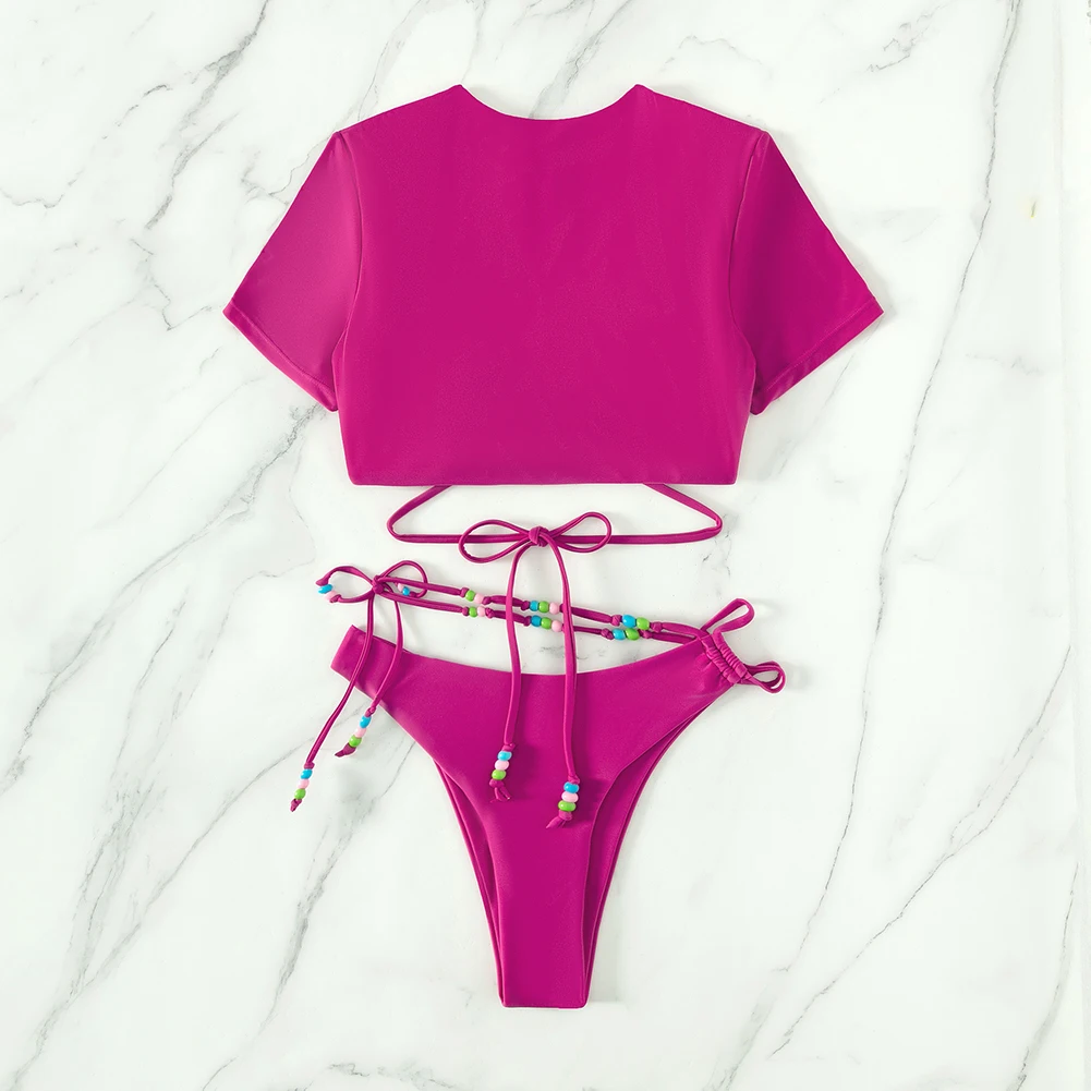 Two-piece Short Sleeve Swimsuit Women 2023 Summer Sexy Mini Bikini Sets Print Swimwear Low Waist Cross Tie Beachwear