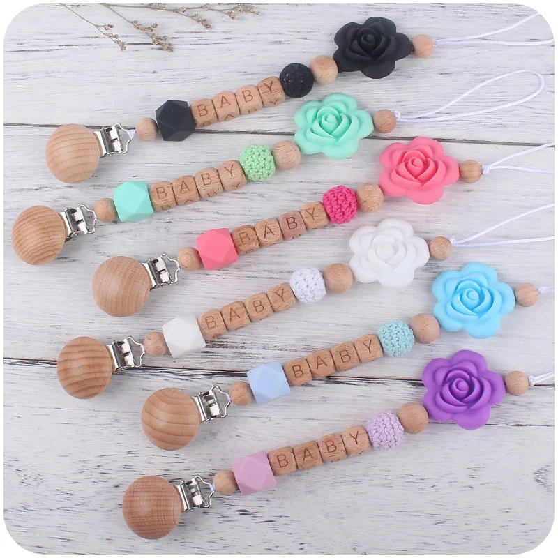 

Beech Wood Chew Beads Pacifier Clips Dummy Chain Holder Cute Soother Chains Baby Teething Toy Baby Chew Pacifiers Leashes