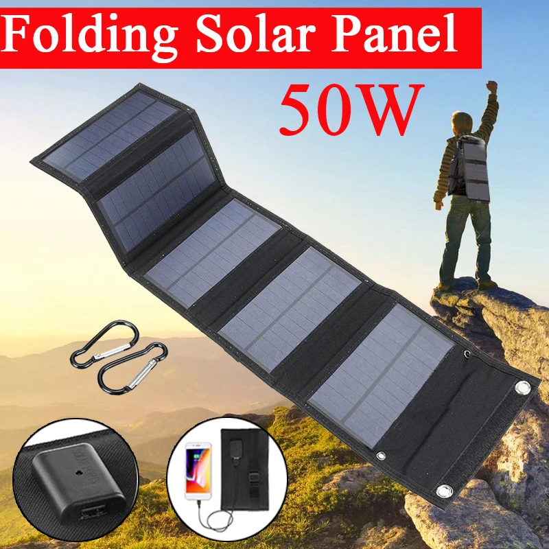 

50W Foldable 5V USB Solar Panel Cells Outdoor Travel Camping Hiking Portable Power Bank Solar Charger Battery for Mobile Phone