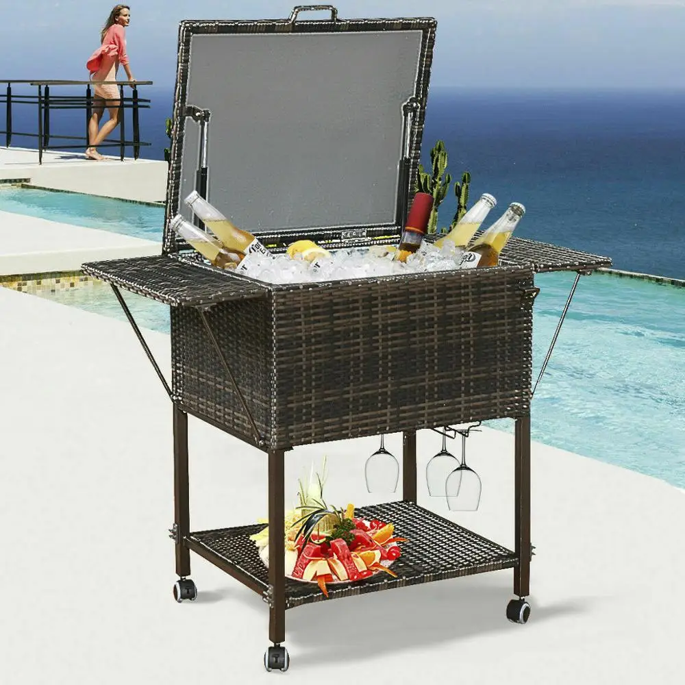 Cart Trolley Outdoor Patio Pool Party Ice Drink Mix Brown Hw