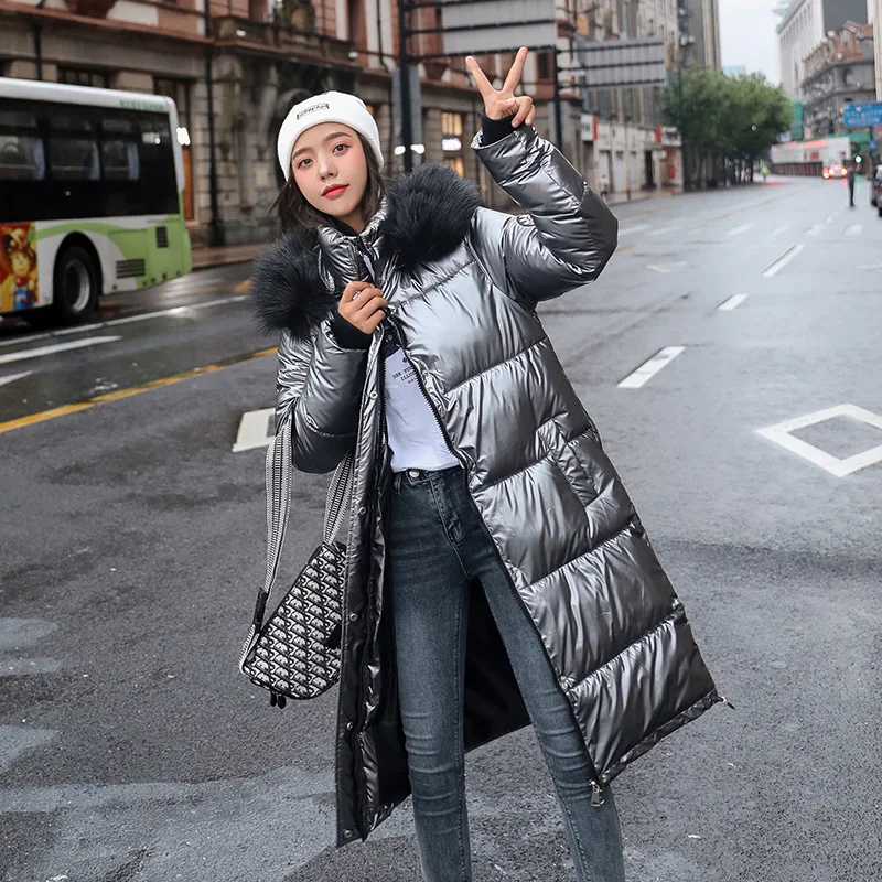 Winter Cotton-padded Women's New Korean Version Wash-free Fox Fur Collar Thickened Long Pearl Shiny Down Padded Coat