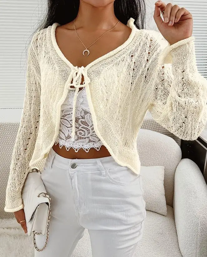

Cardigans for Woman Fall 2023 New Fashion Casual Hollow Out Tied Detail Crop Cardigan Sweet and Cute Basic Versatile Commuter