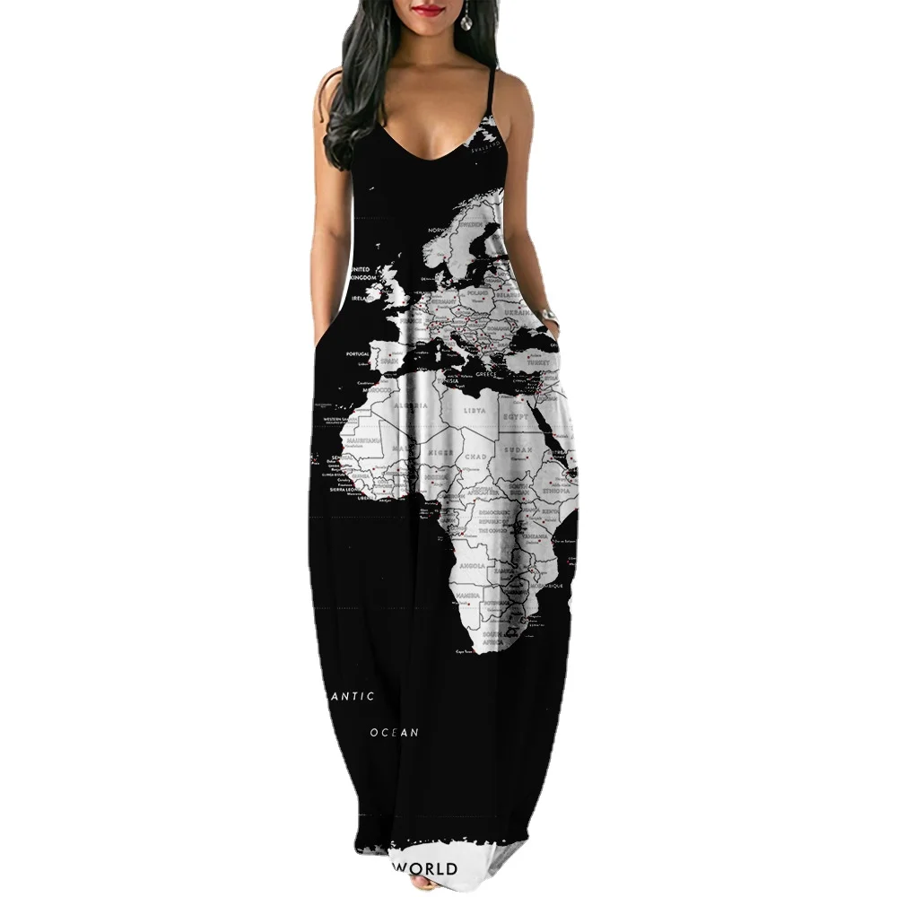 

Womens Sling Dress World Map Printing Fashion Temperament Women's Street Home Wear Beach Clothing Summer Skirt Plus Size XS-4XL
