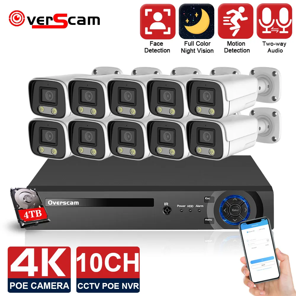 

Система видеонаблюдения H.265 4 канала 8 каналов 10 каналов 4K POE NVR 8 Мп аудио IP-камера Наружная и внутренняя водонепроницаемая IP66 P2P комплект виде...