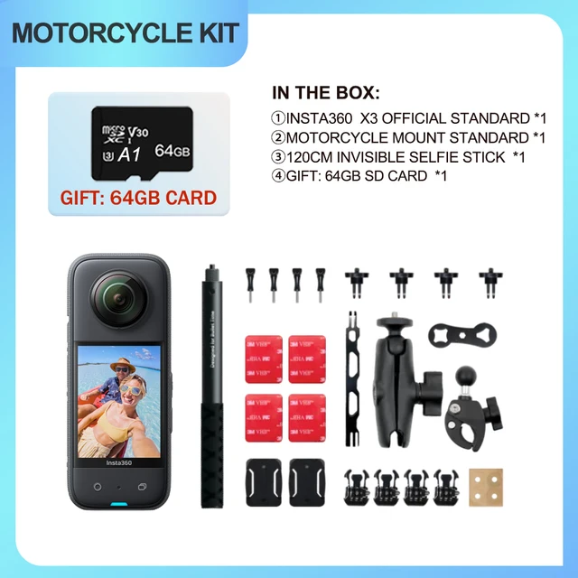 Insta360 X3 + 1.2m selfie stick + Motorcycle kit + 64Gb SD card